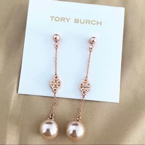 Tory Burch rose gold logo + double pearl earrings